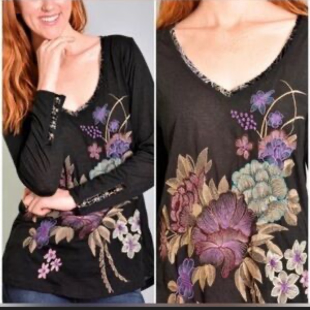 Anthropologie Black Long Sleeve Top with Floral heavy Embroidery vneck sz S